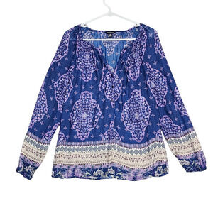 Lucky Brand Popover Blouse Shirt Medium Damask Print Long‎ Sleeves Boho Peasant